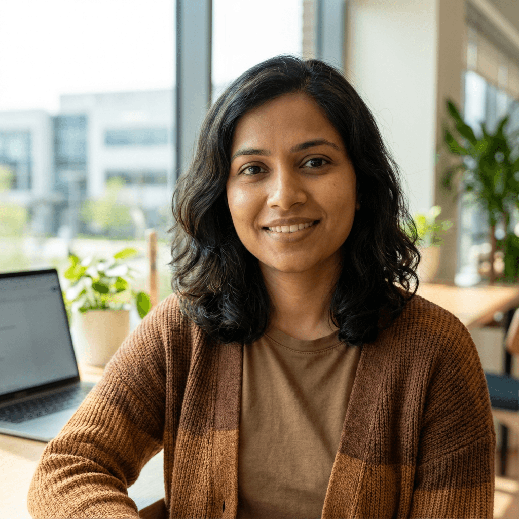 Female customer success lead in her early 30s, business casual, studio portrait