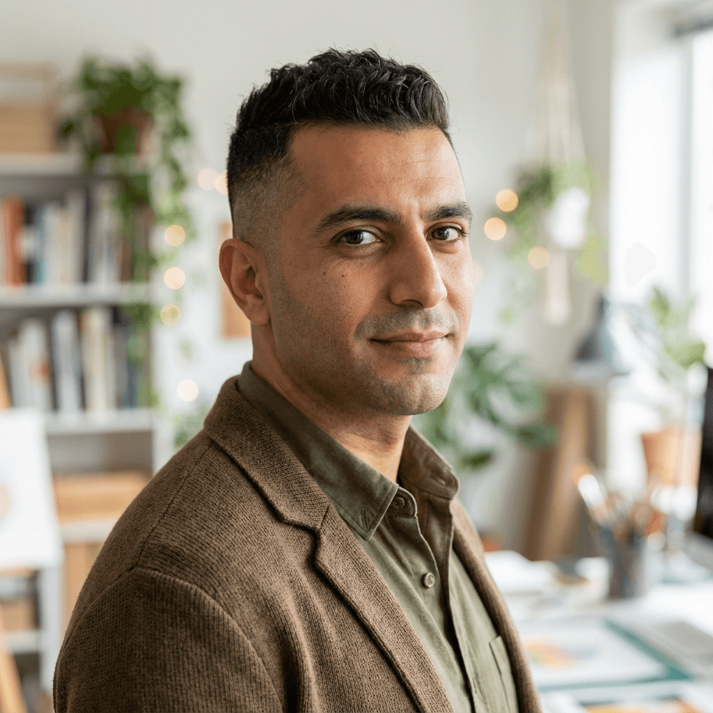 Male product designer in his late 20s, minimalist crew-neck, studio portrait