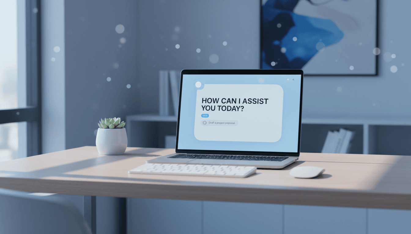 Clean minimal desk with a laptop showing a simple chat interface