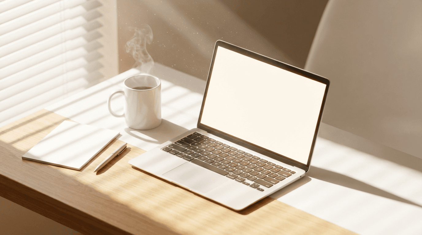 Clean desk with laptop and notepad in a bright modern office