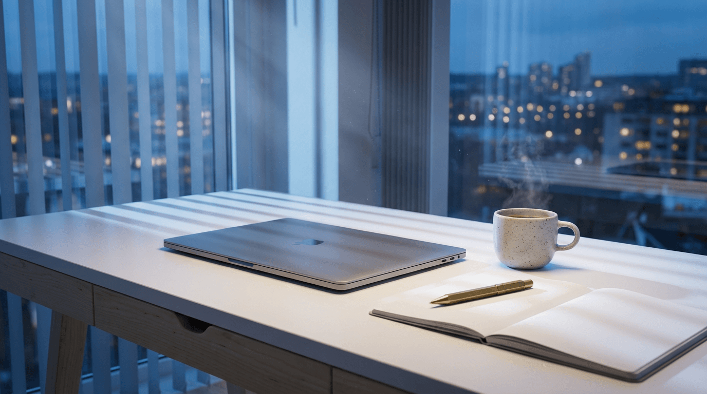 Minimalist workspace with a laptop and smartphone displaying soft glowing interfaces, city lights visible through the window