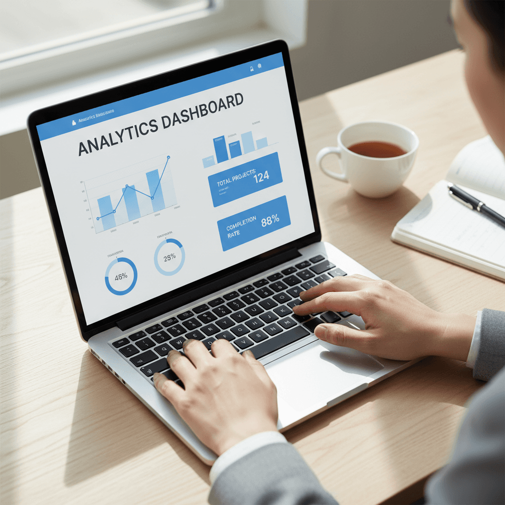 Hands typing a question into a laptop with a blurred interface