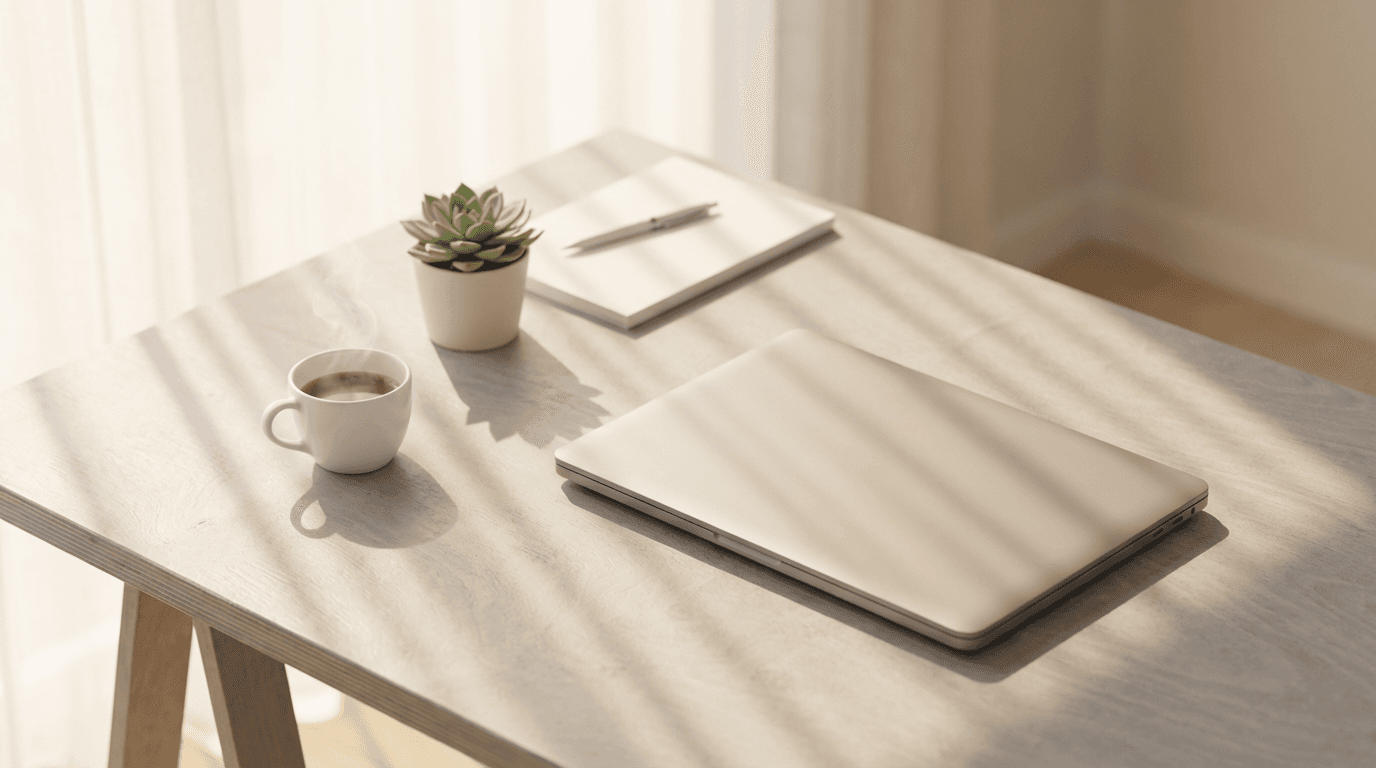 Clean modern workspace with a laptop showing an abstract blue interface